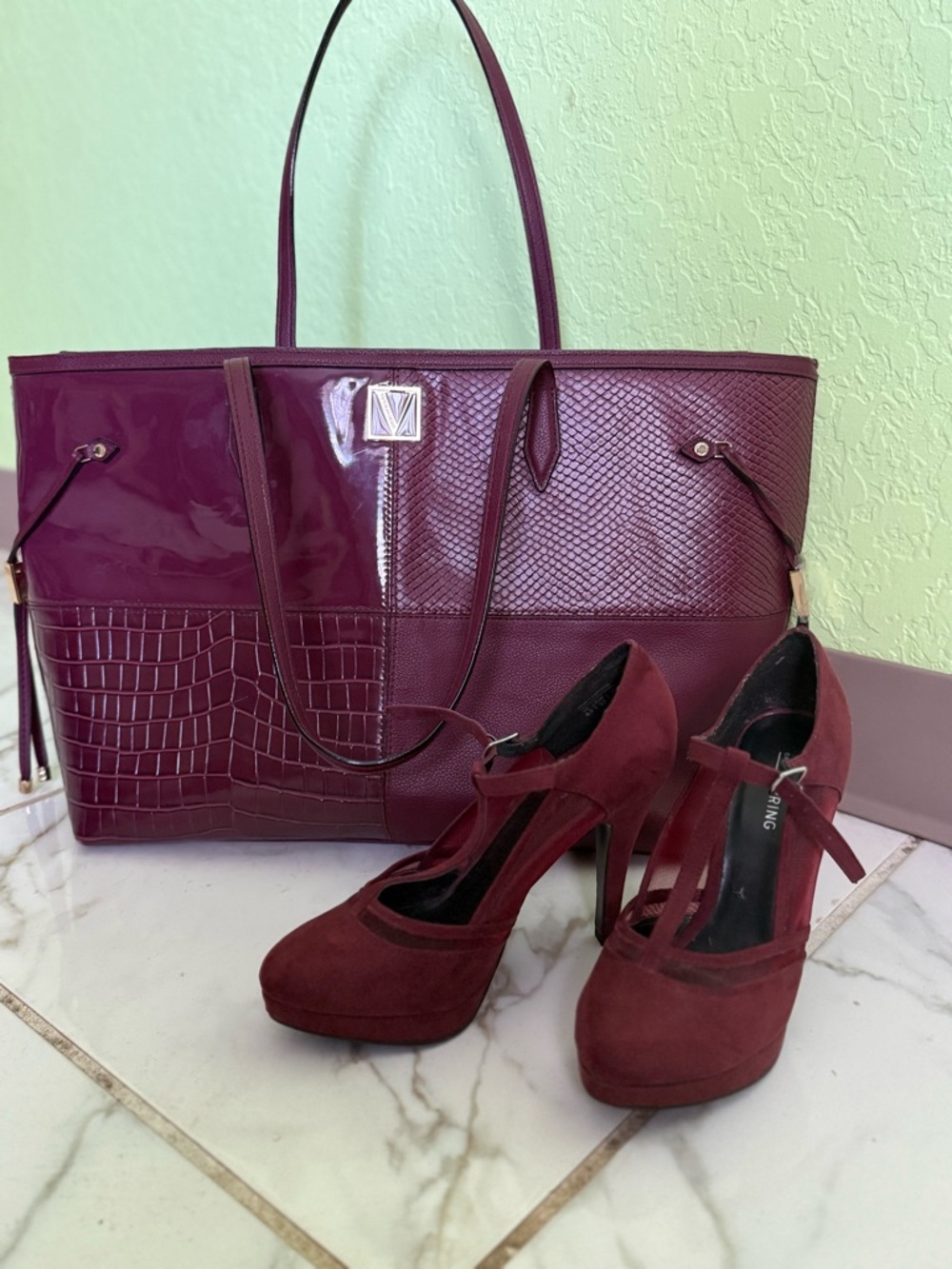Victoria's Secret Burgundy Croc-Embossed Handbag with Gold V Accent